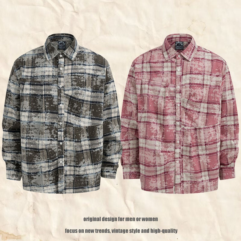 Men's Plaid Shirt Vibe Lazy Style Loose Color Block Grid Pattern Long Sleeve Jacket Shirt