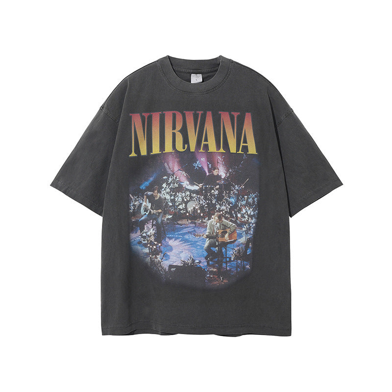 Nirvana Band T-Shirt Long Sleeve Vintage American Retro Washed Aged Nirvana Short Sleeve Tee