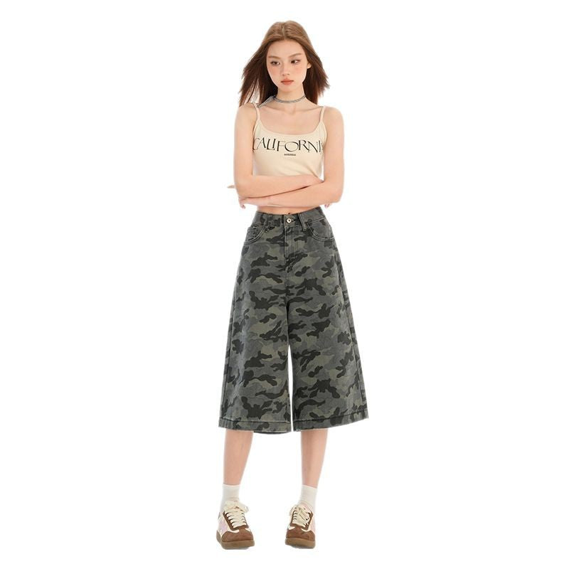 Camouflage Wide-Leg Denim Capri Pants for Women Summer Loose BF Style Straight Leg Trousers
