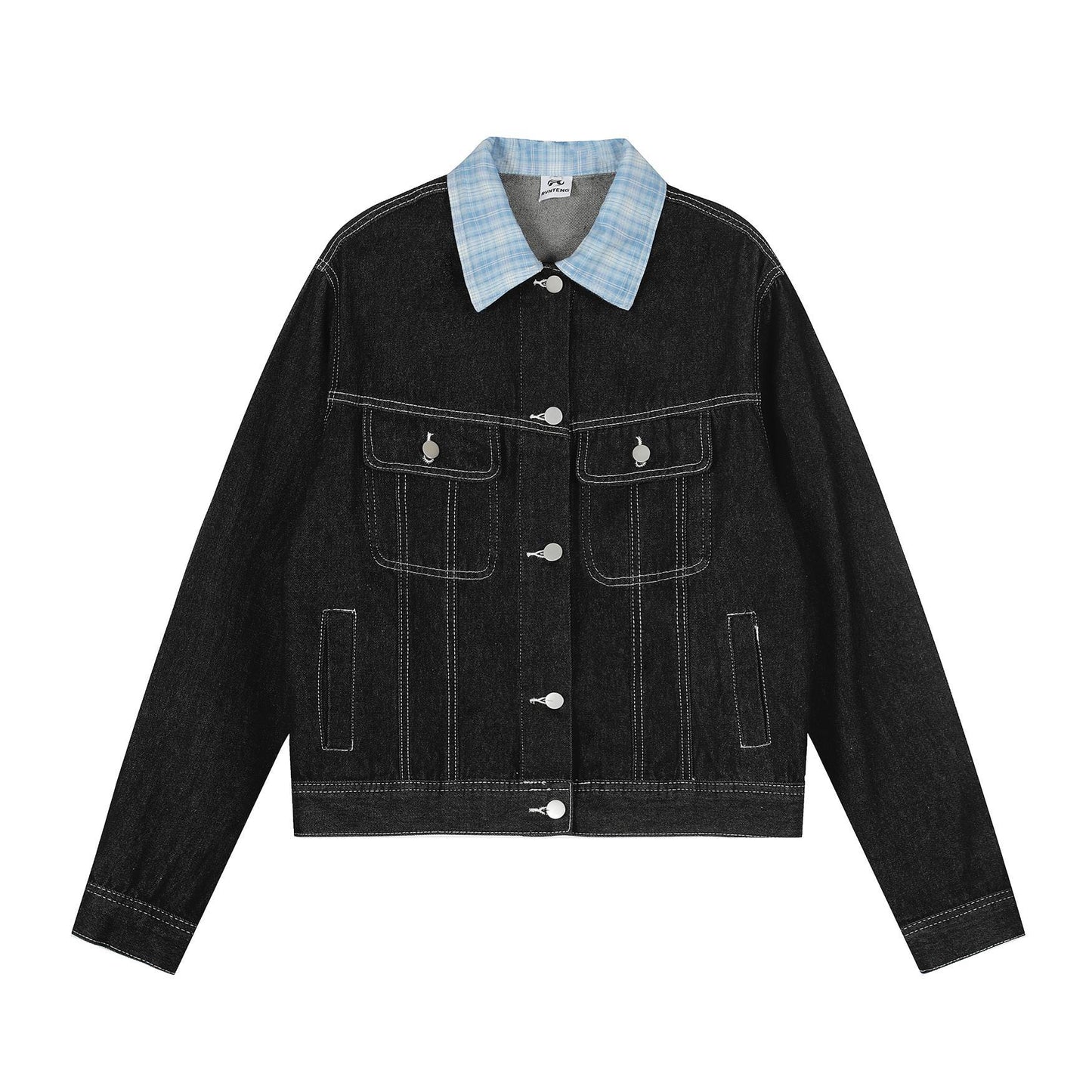 Vintage vintage patchwork plaid lapel denim jacket