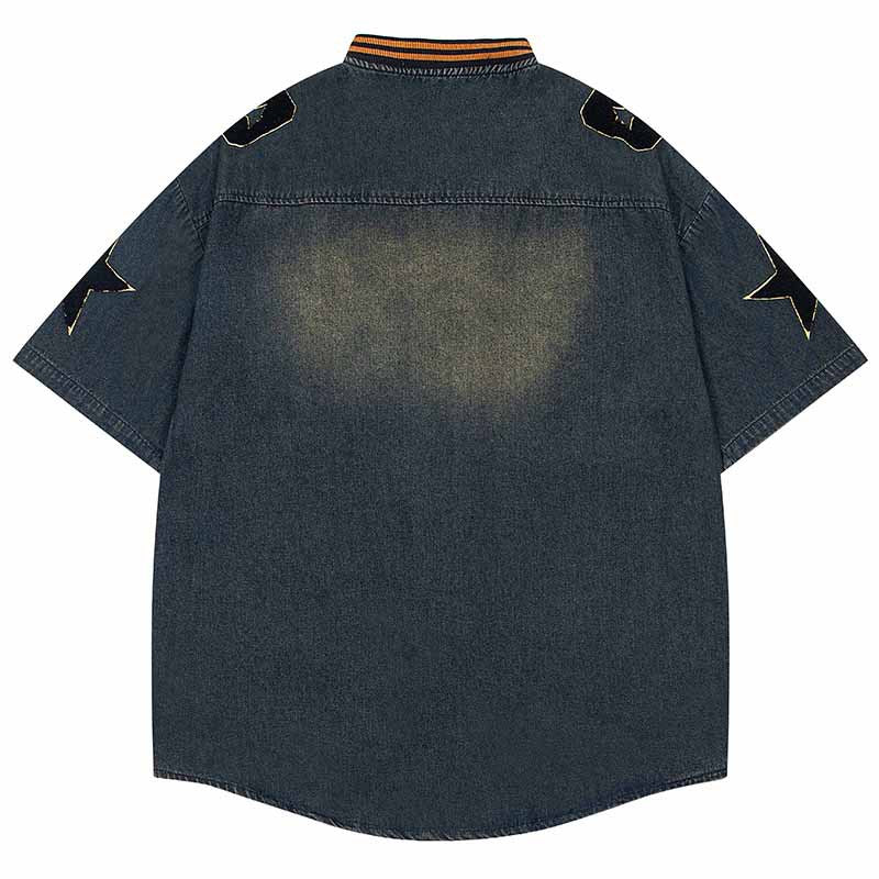 Washed Embroidery Stand Collar Short Sleeve Shirt Unisex Summer Loose Casual