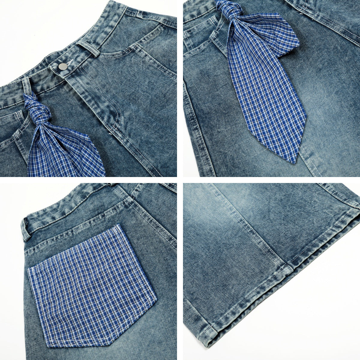 Retro Washed Ribbon Unique Design Seven-Quarter Denim Pants Men's Loose Casual Couple Mid-Length Shorts