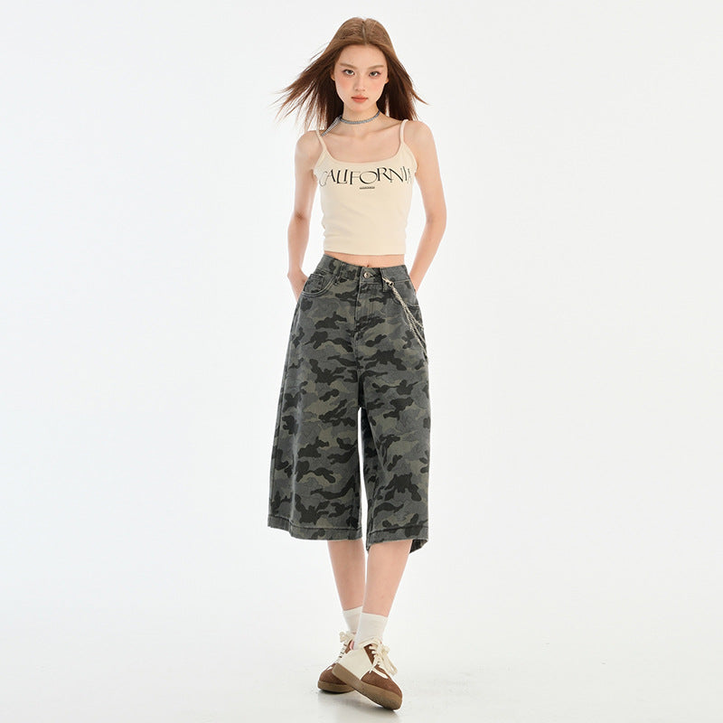 Camouflage Wide-Leg Denim Capri Pants for Women Summer Loose BF Style Straight Leg Trousers