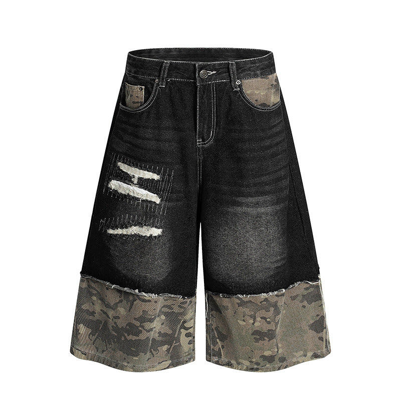 Camouflage patchwork denim shorts