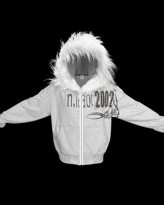 Retro loose fur collar hooded sweatshirt