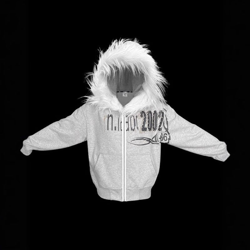 Retro loose fur collar hooded sweatshirt