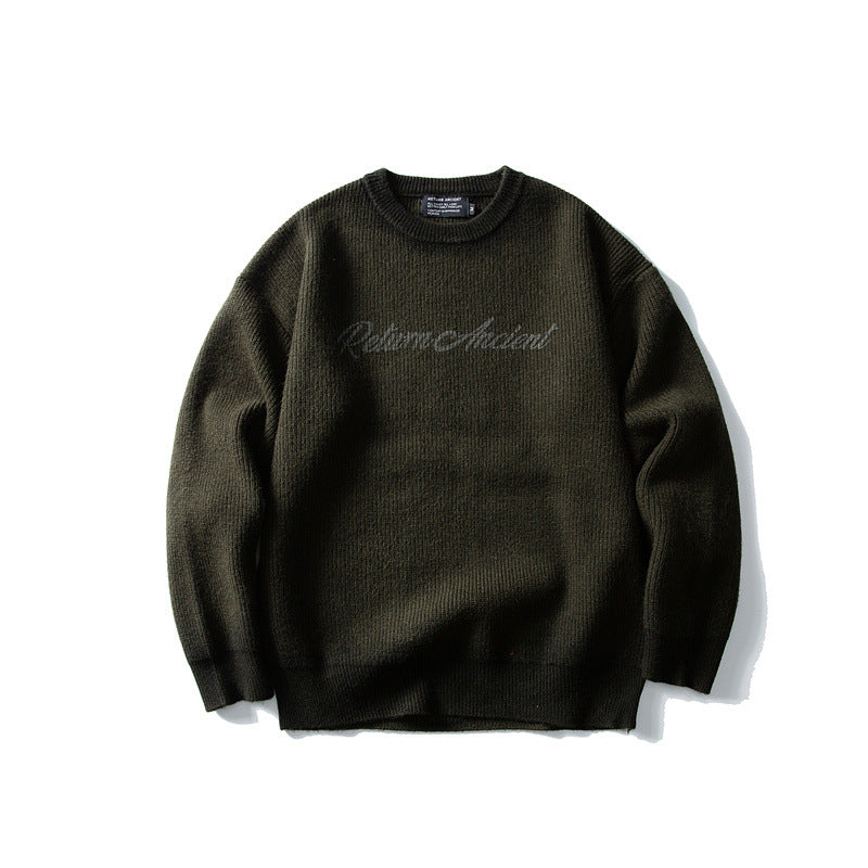 Trend Round Neck Knit Sweater Men Loose Casual Color Block Letter Sweater