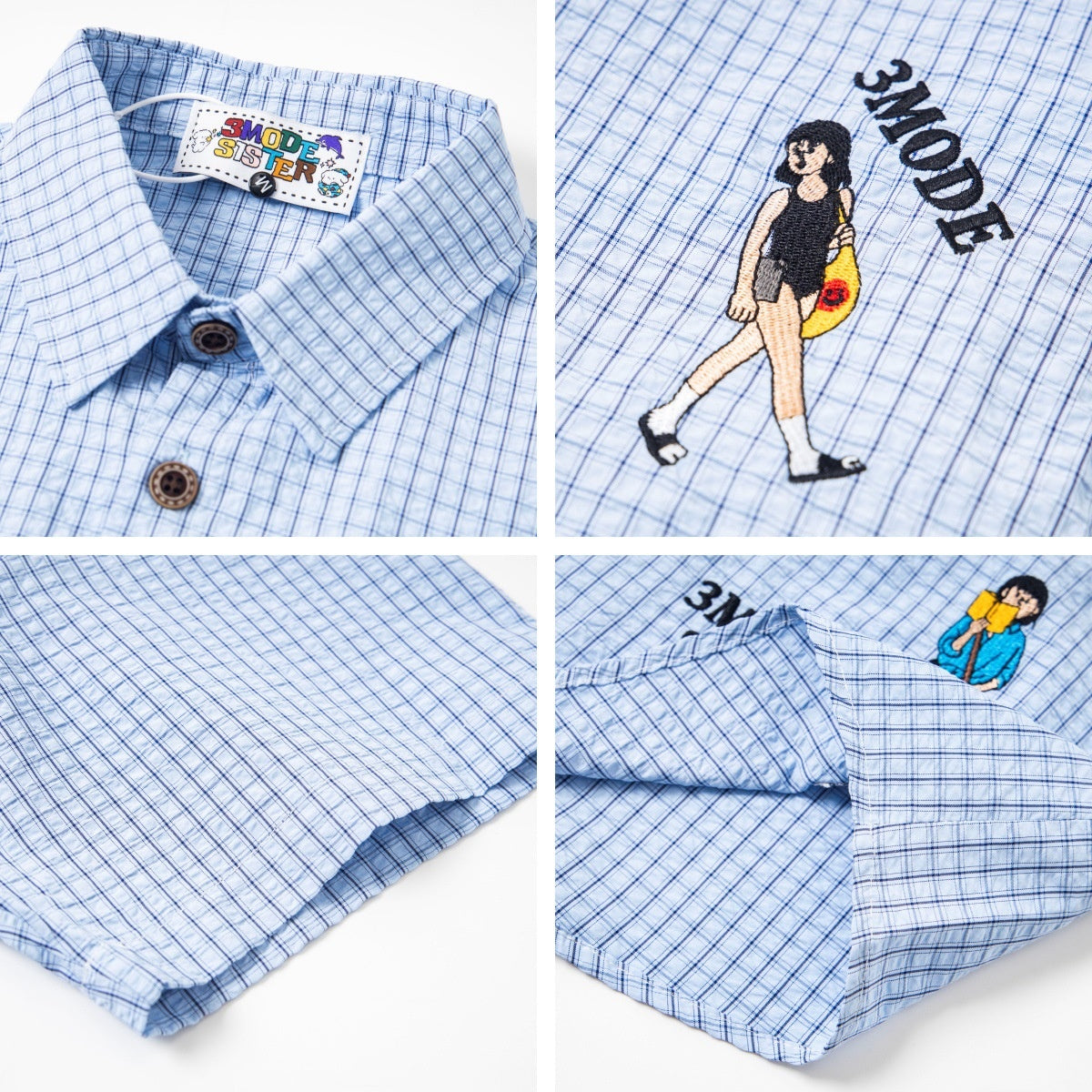 Cartoon Embroidery Plaid Short Sleeve Shirt Unisex Summer Personality Loose Fit All-Match Couple Style Blouse