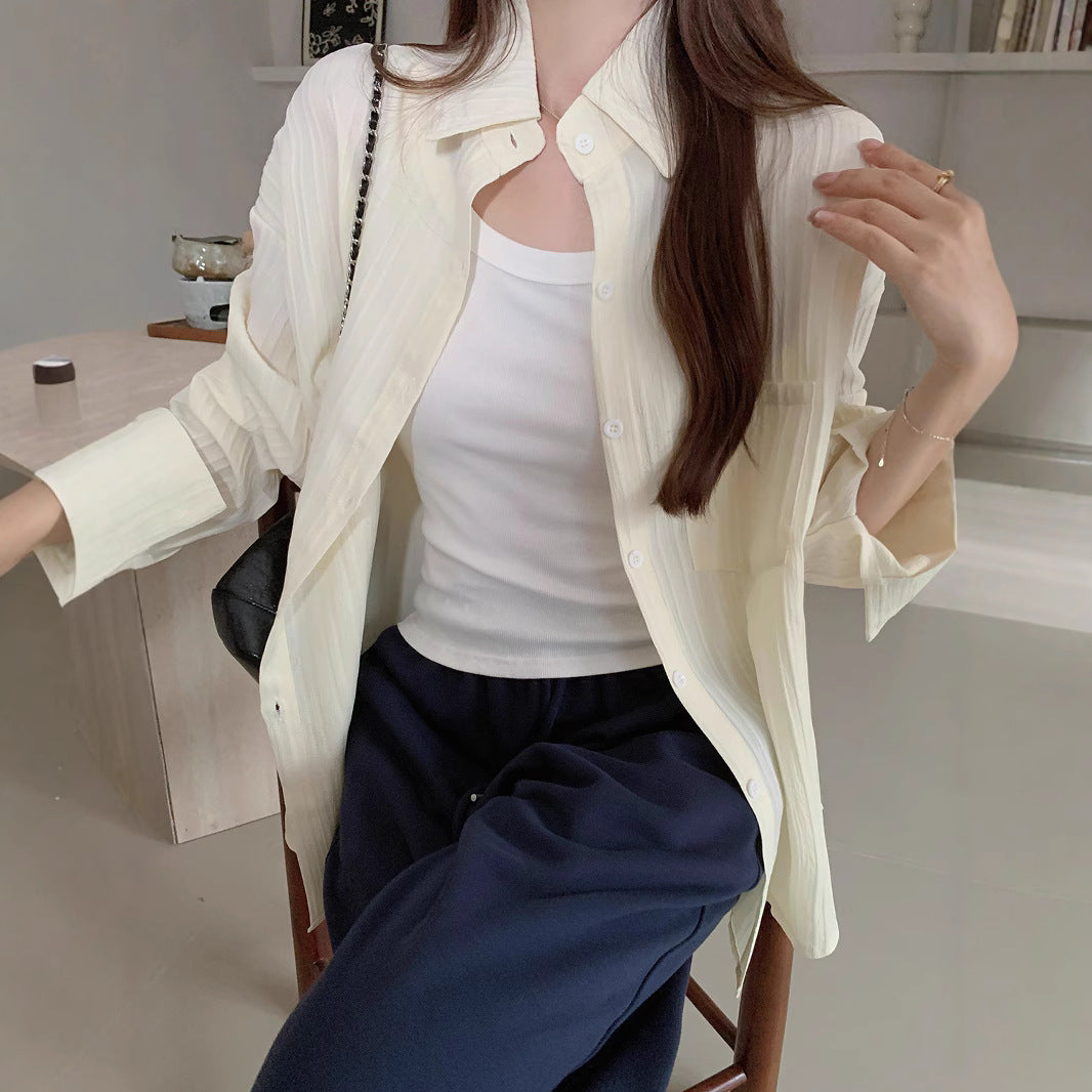Style Plus Size Real Shot Striped Thin Shirt Women Summer Jacket New French Design Loose Top