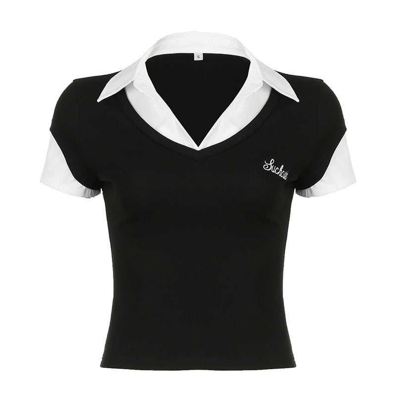 College style polo collar patchwork fake two short sleeved tops