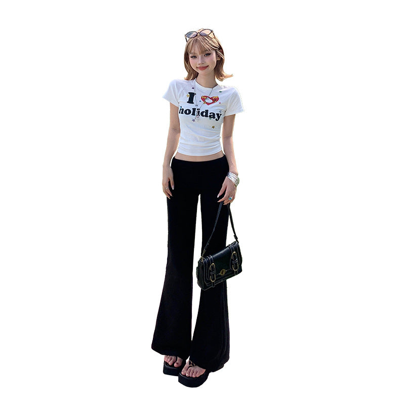 Women's Gray Knit Wide-Leg Pants Tapered Casual Floor-Length Pants