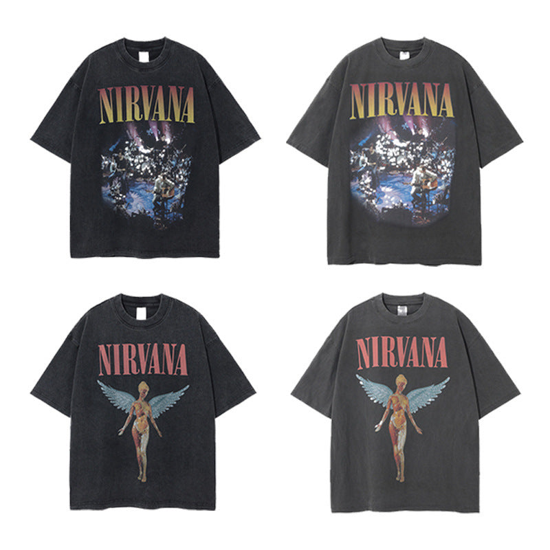 Nirvana Band T-Shirt Long Sleeve Vintage American Retro Washed Aged Nirvana Short Sleeve Tee