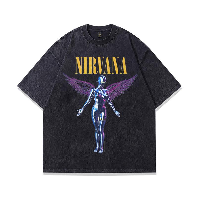 American Retro Nirvana Band Rock Straight Spray Printed Washed Vintage Short Sleeve T-Shirt for Men