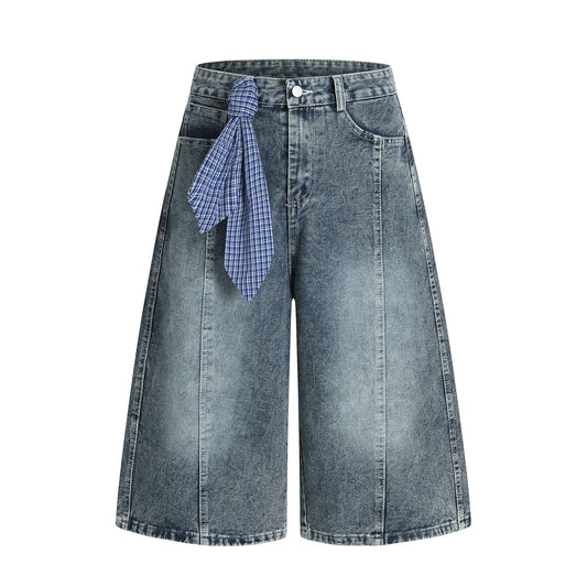 Retro Washed Ribbon Unique Design Seven-Quarter Denim Pants Men's Loose Casual Couple Mid-Length Shorts