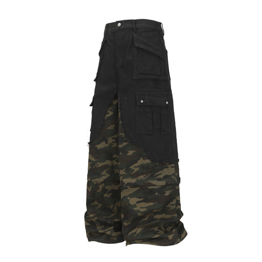 Street Style Workwear Pocket Camouflage Faux Two-Piece Denim Long Pants