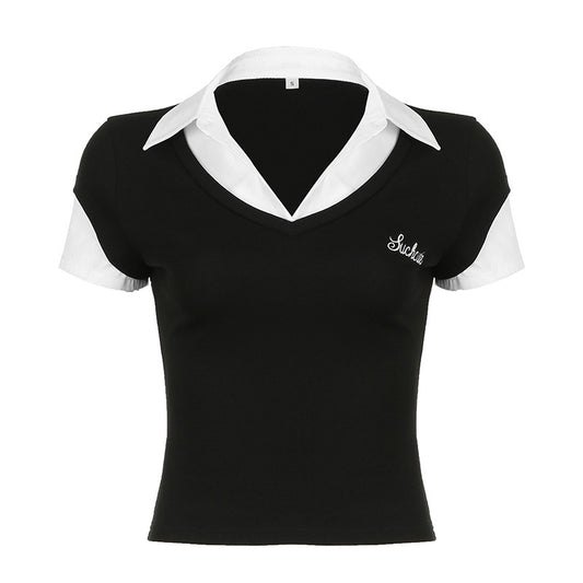 College style polo collar patchwork fake two short sleeved tops