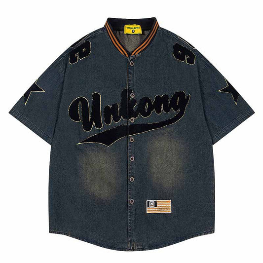Washed  Embroidery Stand Collar Short Sleeve Shirt Unisex Summer Loose Casual