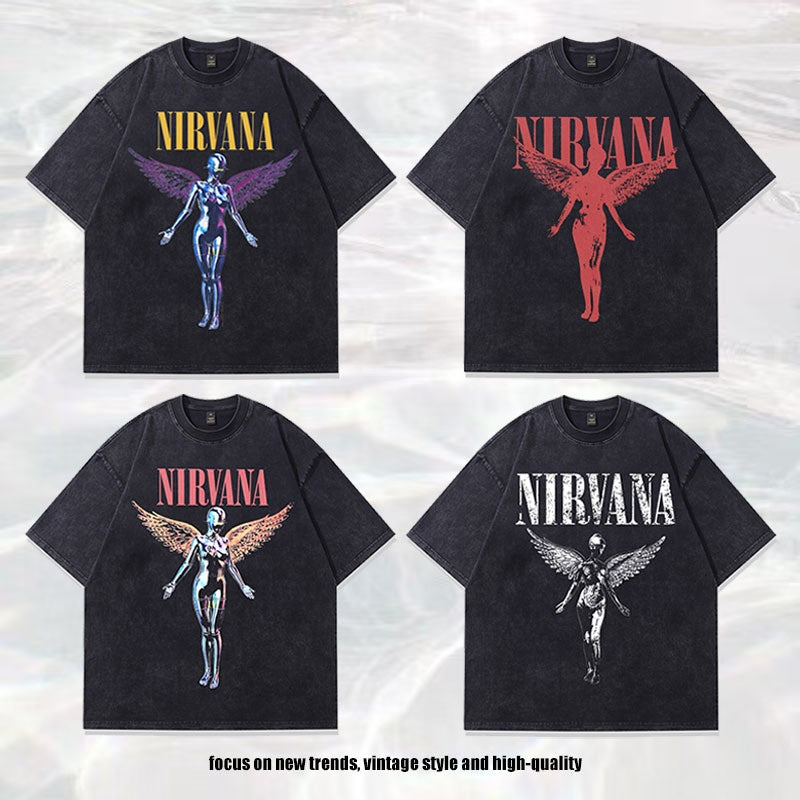 American Retro Nirvana Band Rock Straight Spray Printed Washed Vintage Short Sleeve T-Shirt for Men