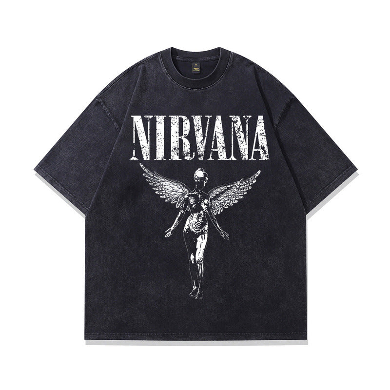 American Retro Nirvana Band Rock Straight Spray Printed Washed Vintage Short Sleeve T-Shirt for Men