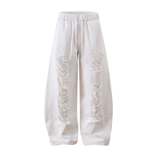 Arc Design Distressed Denim Tapered Pants American Style Men's Clothing Heavy Work Pure Color Loose Wide Leg Long Pants