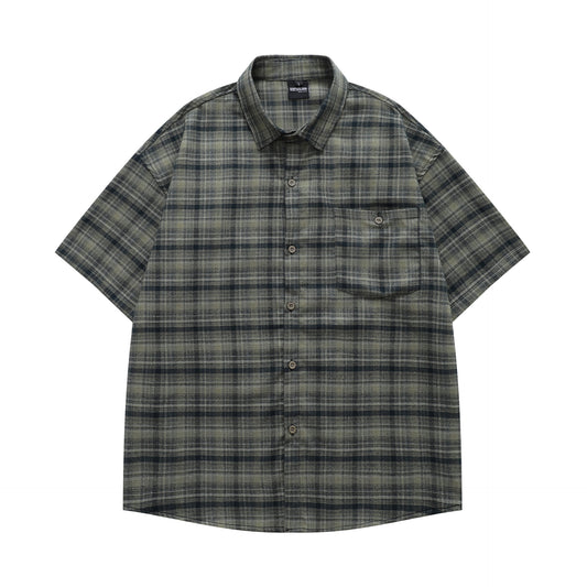 Retro Classic Basic Plaid Short Sleeve Shirt Unisex Loose Fit All-Match Couple Blouse Jacket