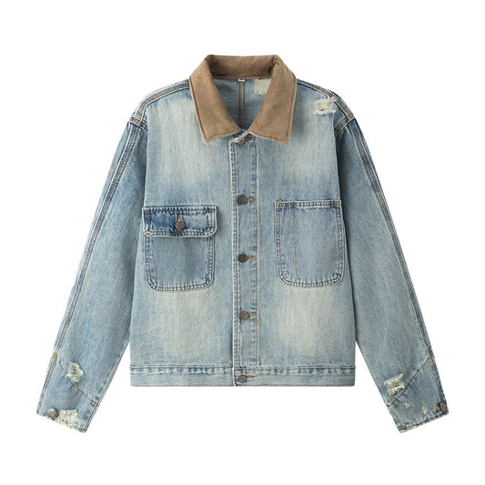 Punk Washed Distressed Denim Jacket American Trend Men's Color Block Vintage Collar Short Workwear Outerwear