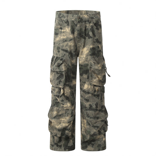 Washed and worn camouflage denim straight leg ripped slightly flared work pants with multiple pockets