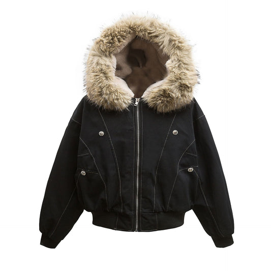 Metal Buckle Design Thickened Warm Hooded Cotton Jacket
