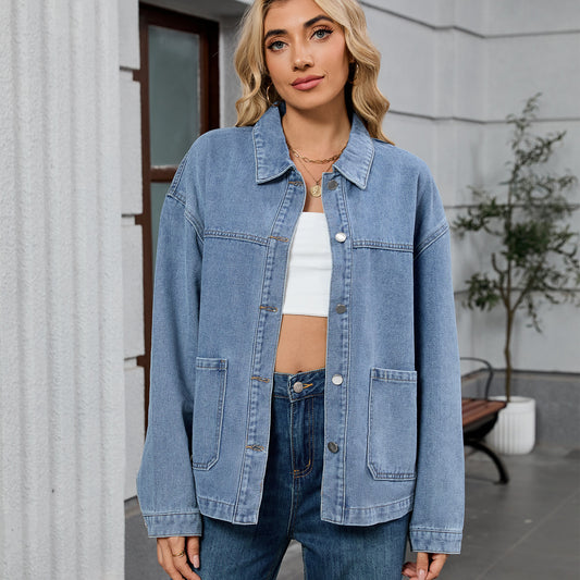 Women's  Loose Casual Long-sleeved Jacket Early Autumn New Turn-down Collar Denim Jacket