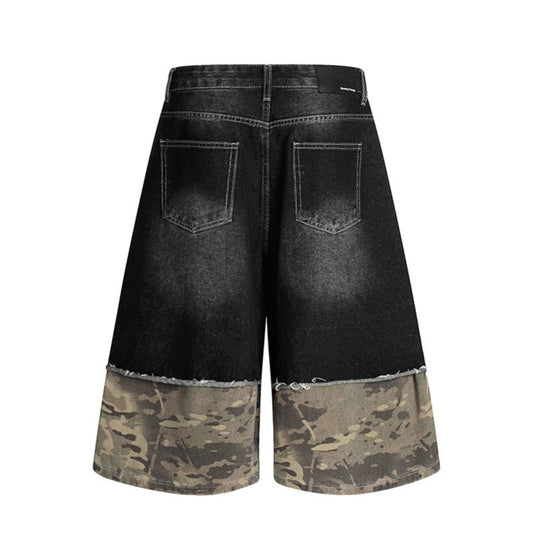 Camouflage patchwork denim shorts