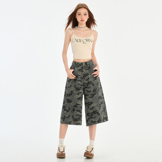 Camouflage Wide-Leg Denim Capri Pants for Women Summer  Loose BF Style Straight Leg Trousers