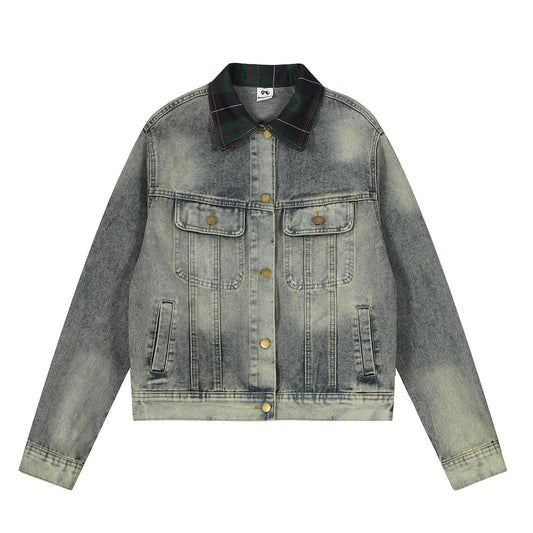 Vintage vintage patchwork plaid lapel denim jacket
