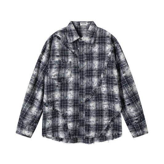 Retro Street Distressed Patchwork Plaid Long Sleeve Shirt Men Oversize Loose Casual Design Top