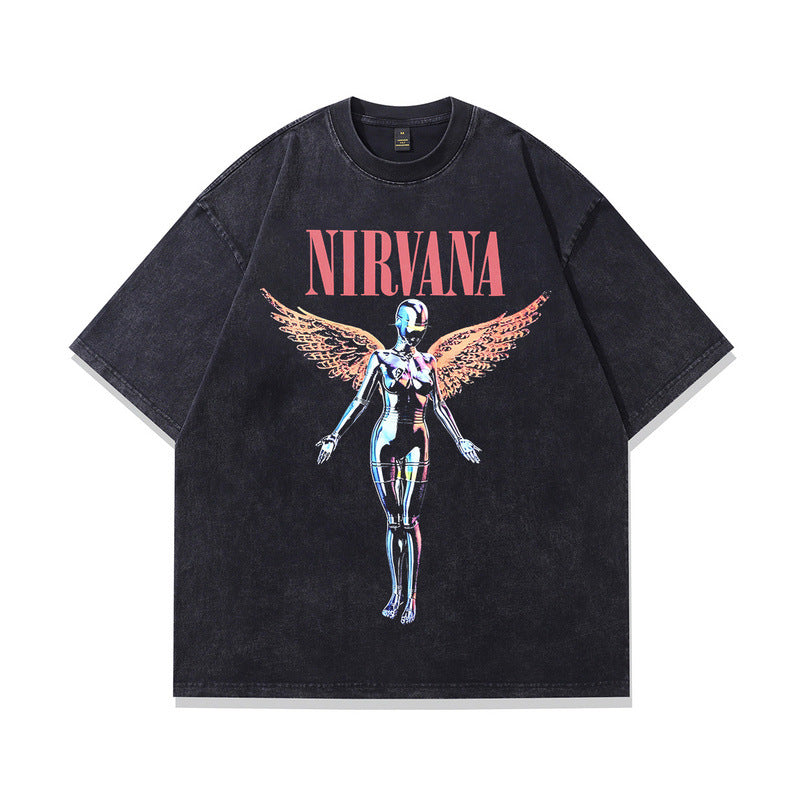 American Retro Nirvana Band Rock Straight Spray Printed Washed Vintage Short Sleeve T-Shirt for Men