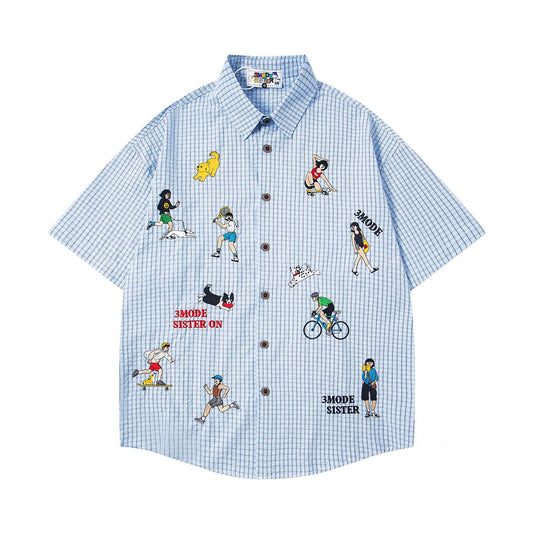 Cartoon Embroidery Plaid Short Sleeve Shirt Unisex Summer Personality Loose Fit All-Match Couple Style Blouse