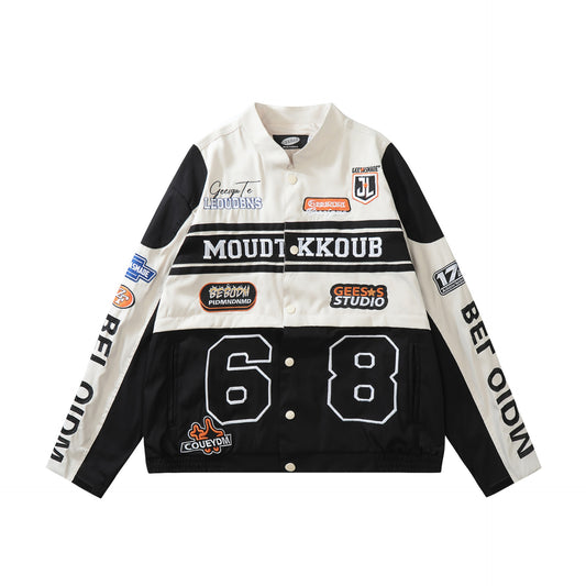 Motorcycle Jacket with Embroidery and Zipper Closure