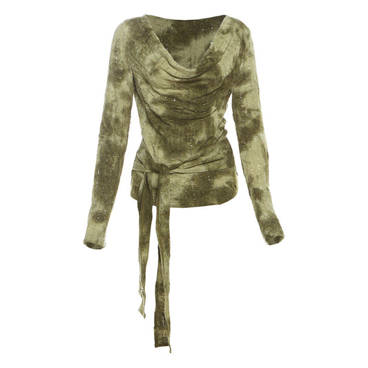 Irregular blend off shoulder long sleeved T-shirt for women