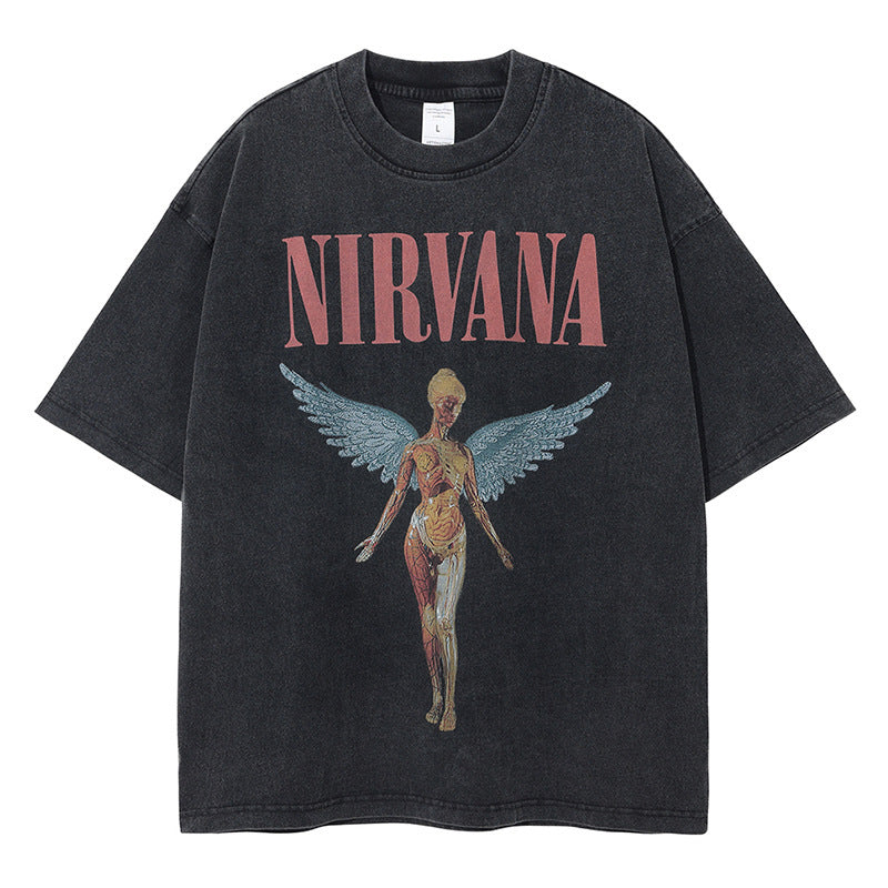 Nirvana Band T-Shirt Long Sleeve Vintage American Retro Washed Aged Nirvana Short Sleeve Tee