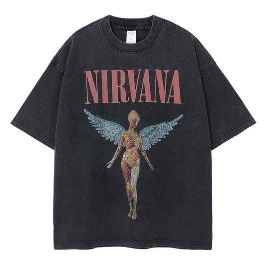 Nirvana Band T-Shirt Long Sleeve Vintage American Retro Washed Aged Nirvana Short Sleeve Tee