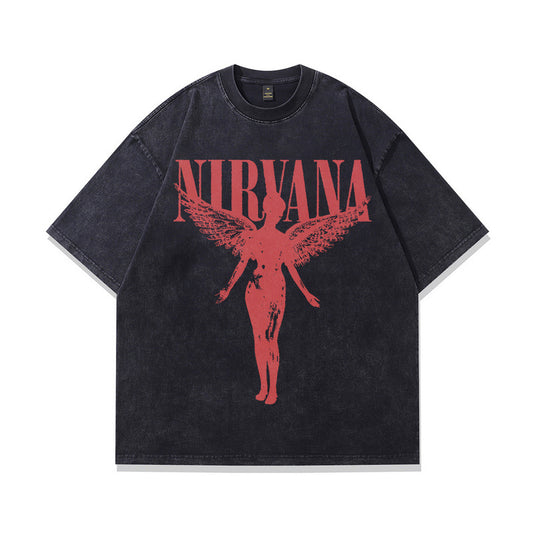 American Retro Nirvana Band Rock Straight Spray Printed Washed Vintage Short Sleeve T-Shirt for Men